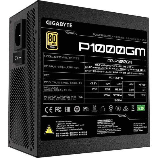 Gigabyte P1000GM, 1000W, 80 Plus Gold Certified, Fully Modular Power Supply