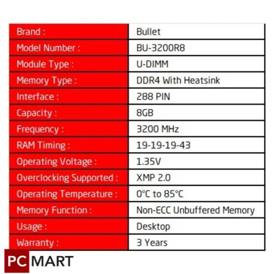 Bullet : DDR4 RAM (8GB-3200 MHz) - Black