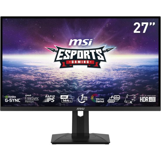 MSI MAG274UPF, 27" 3840 x 2160 (UHD), 4K Rapid IPSGaming Monitor, 1 ms, 144Hz, FreeSync Premium, HDR400, G-Sync Compatible, HDMI, DisplayPort, Tilt, Swivel, Pivot and Height Adjustable.,Black